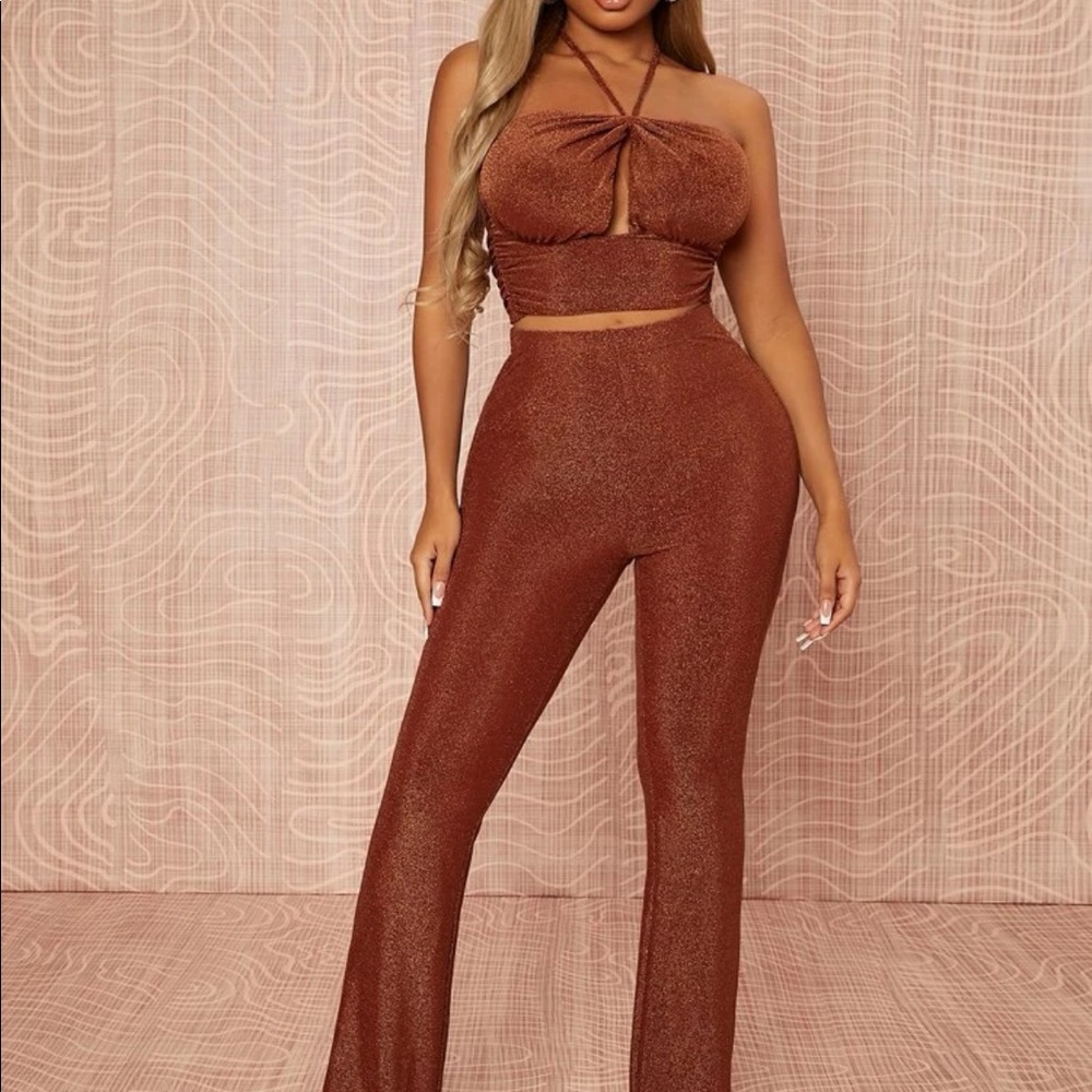 Shein SXY cut out tie blackless glitter halter top and flare pants
